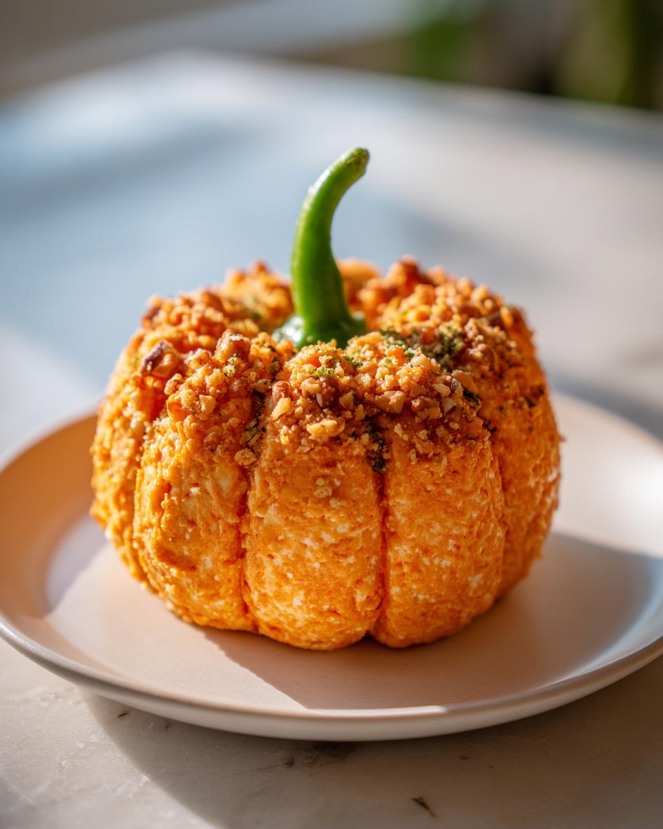 A finished pumpkin cheese ball, shaped like a mini pumpkin with a green pepper stem, covered in nuts.
