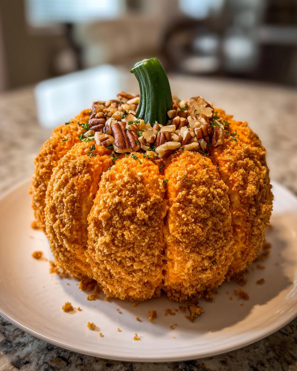 A festive pumpkin cheese ball coated in orange crumbs, topped with pecans and a green stem.