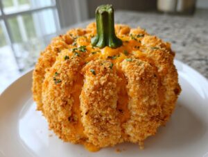 A savory pumpkin cheese ball appetizer, shaped like a pumpkin with a green stem, coated in crispy breadcrumbs.