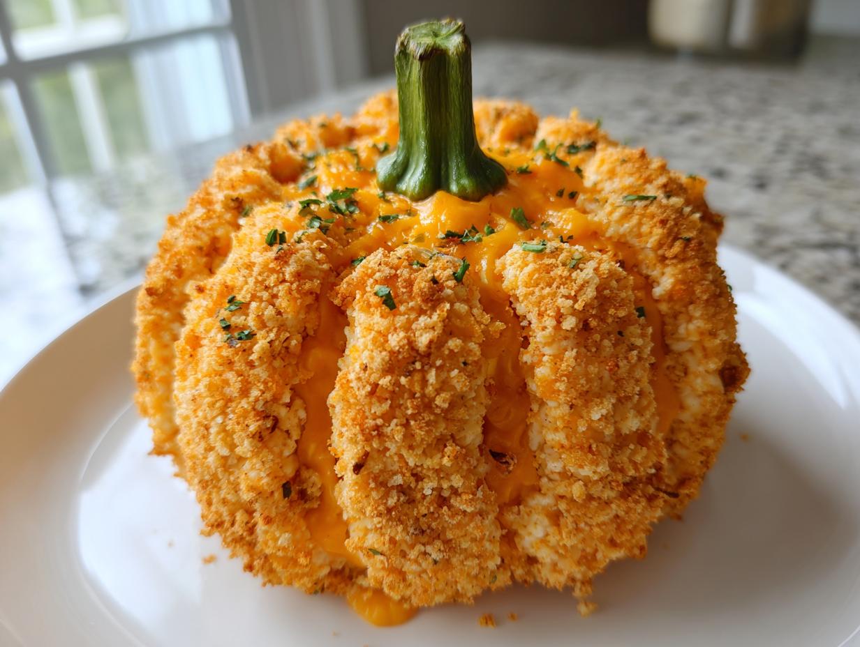 A savory pumpkin cheese ball appetizer, shaped like a pumpkin with a green stem, coated in crispy breadcrumbs.
