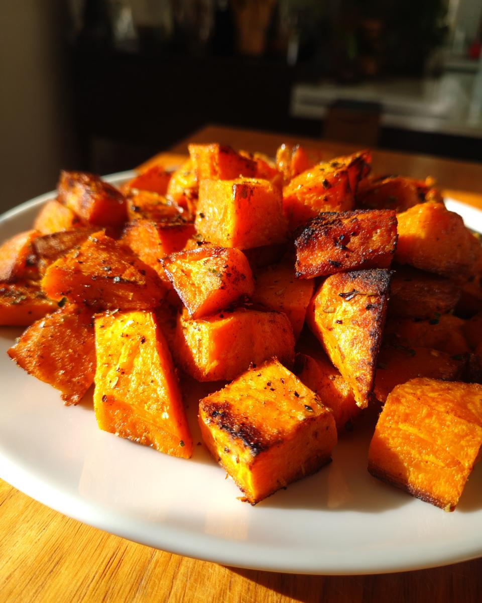 Close-up of perfectly seasoned and caramelized roasted sweet potato cubes piled on a white plate.
