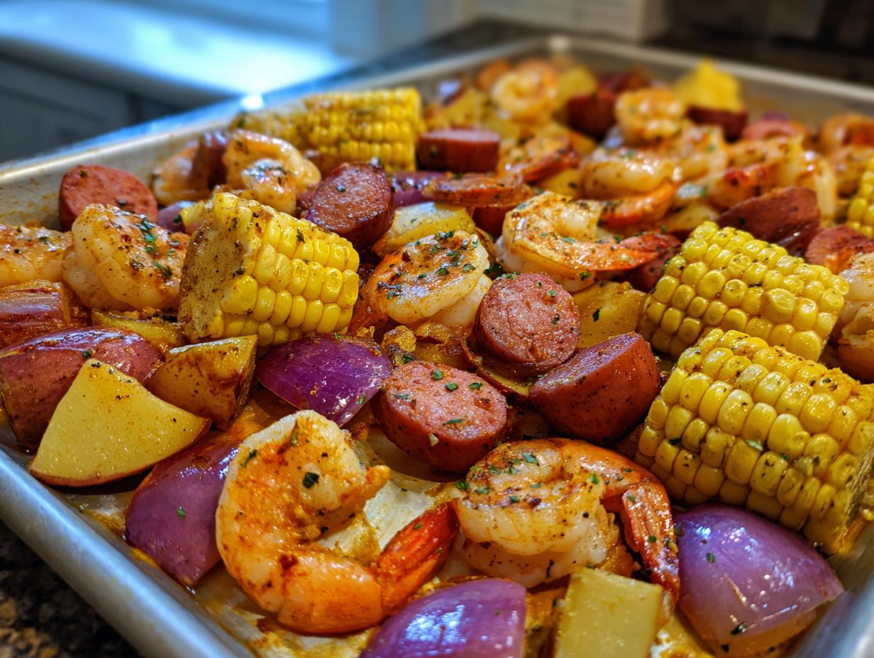 Close-up of a sheet pan featuring a delicious shrimp boil with seasoned shrimp, corn on the cob, sausage, and potatoes.