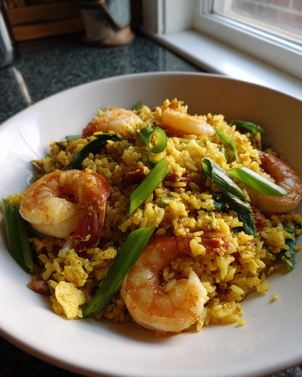 A white bowl filled with vibrant yellow shrimp fried rice recipe, topped with large pink shrimp and green scallions.