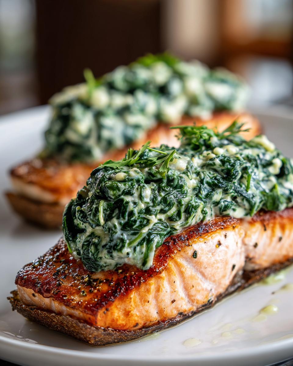 Close-up of perfectly seared stuffed salmon topped generously with creamy spinach mixture.