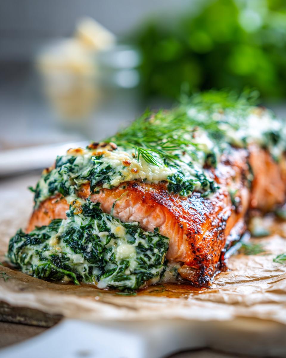Close-up of a baked stuffed salmon fillet topped with creamy spinach mixture and fresh dill.