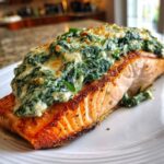 Close-up of a perfectly seared fillet of stuffed salmon topped generously with creamy spinach mixture.