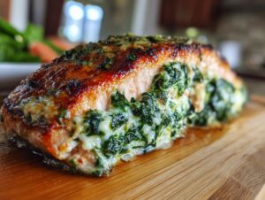 A close-up of perfectly cooked stuffed salmon, oozing a creamy spinach and cheese filling, resting on a wooden cutting board.
