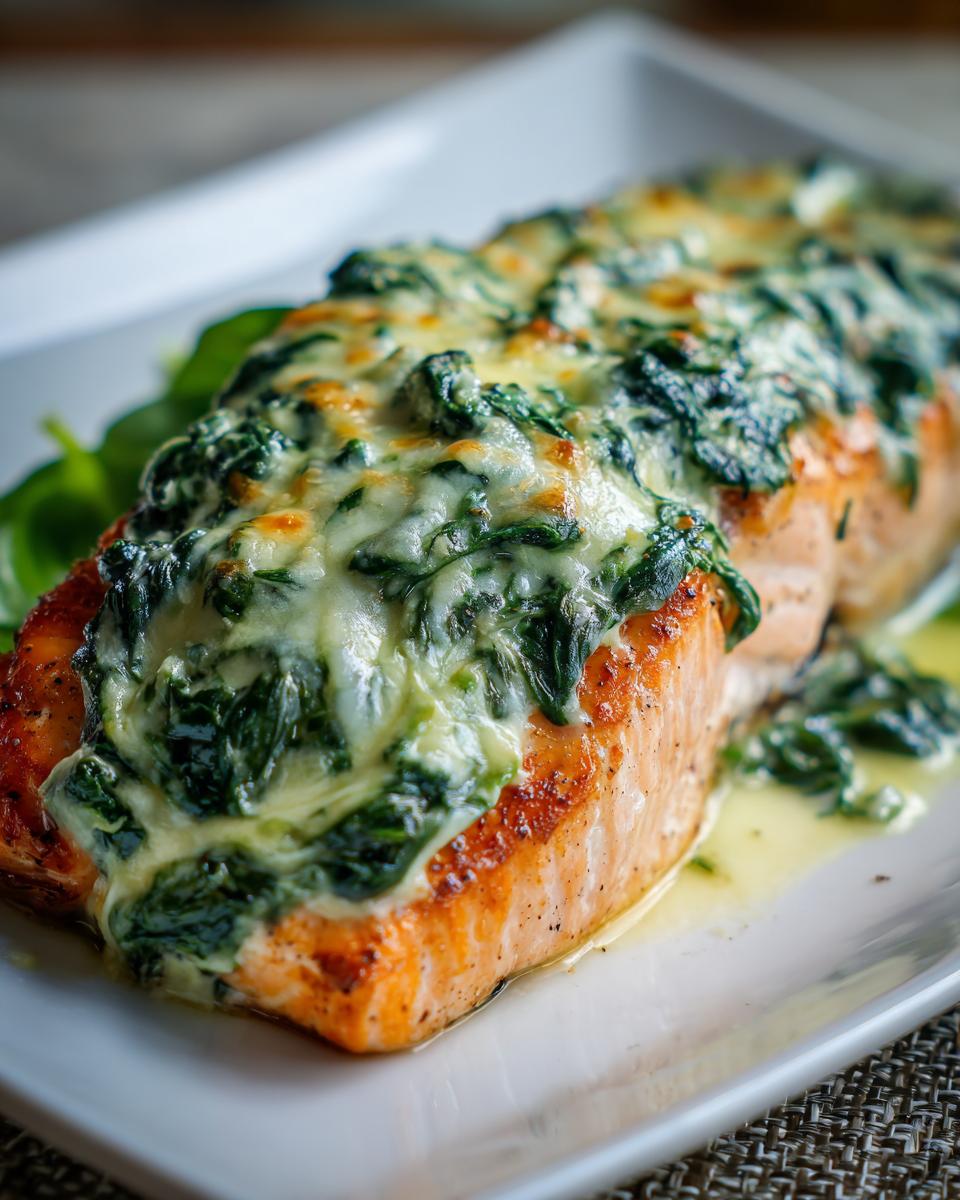 Close-up of a perfectly cooked piece of stuffed salmon topped with creamy spinach and melted cheese.