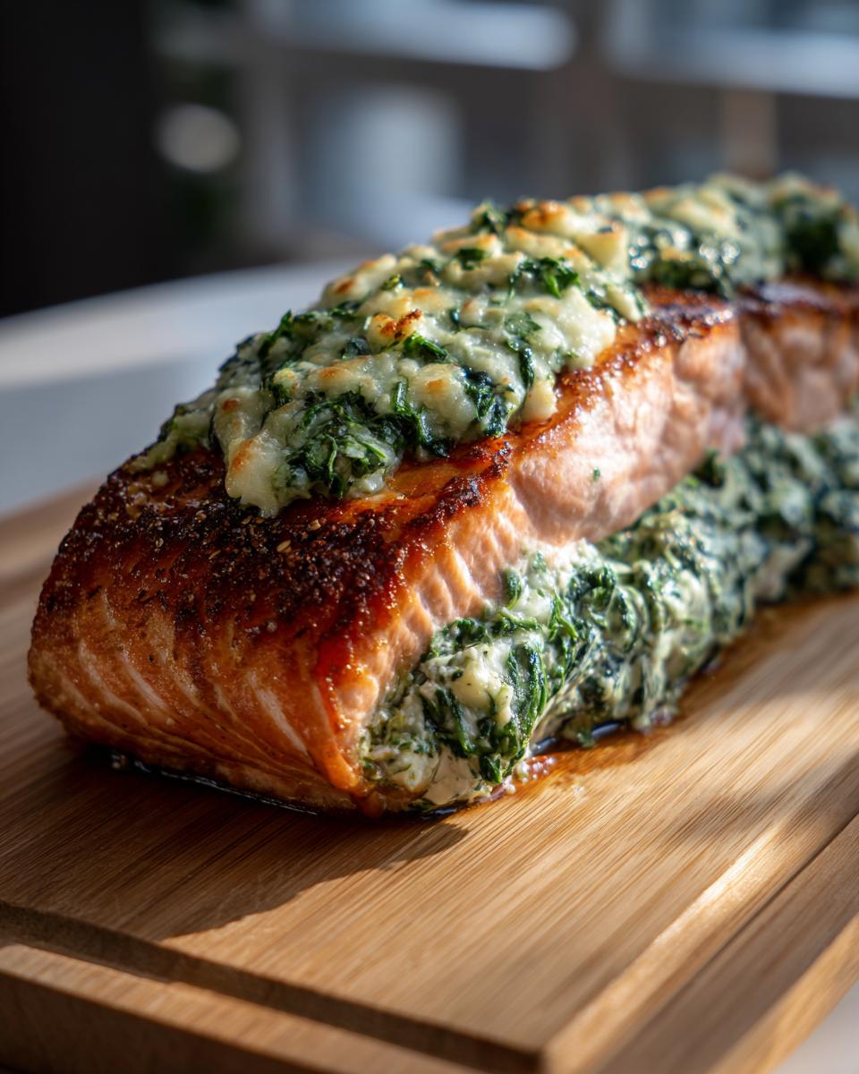 Close-up of a baked stuffed salmon fillet topped with creamy spinach and melted cheese.