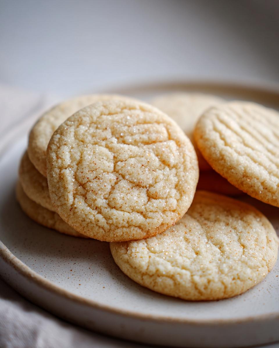 Close-up of several perfectly shaped sugar cookie rounds coated in sparkling sugar on a speckled ceramic plate.
