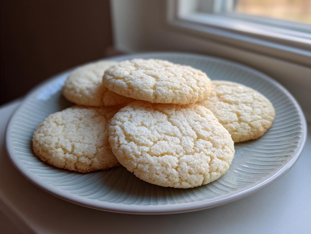 A stack of five round, pale sugar cookie treats with a crackled, sugared top, resting on a light blue plate.
