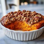 A scoop taken out of a baked sweet potato souffle topped with brown sugar crumble and pecans.