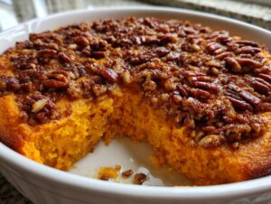 Close-up of a vibrant orange sweet potato souffle in a white dish with a crunchy, caramelized pecan topping.