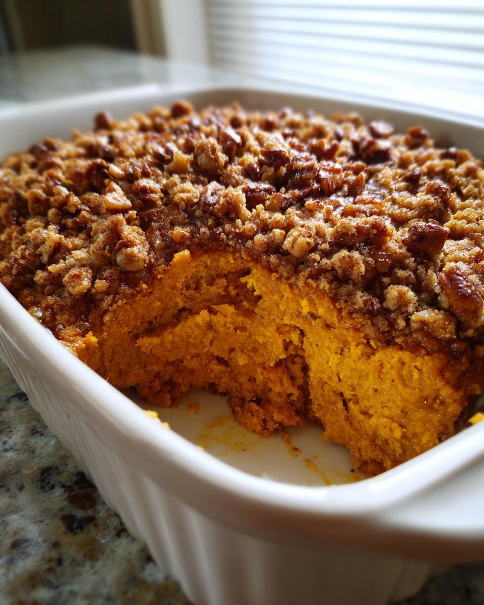 Close-up of a portion removed from an amazing sweet potato souffle with a crunchy pecan streusel topping.