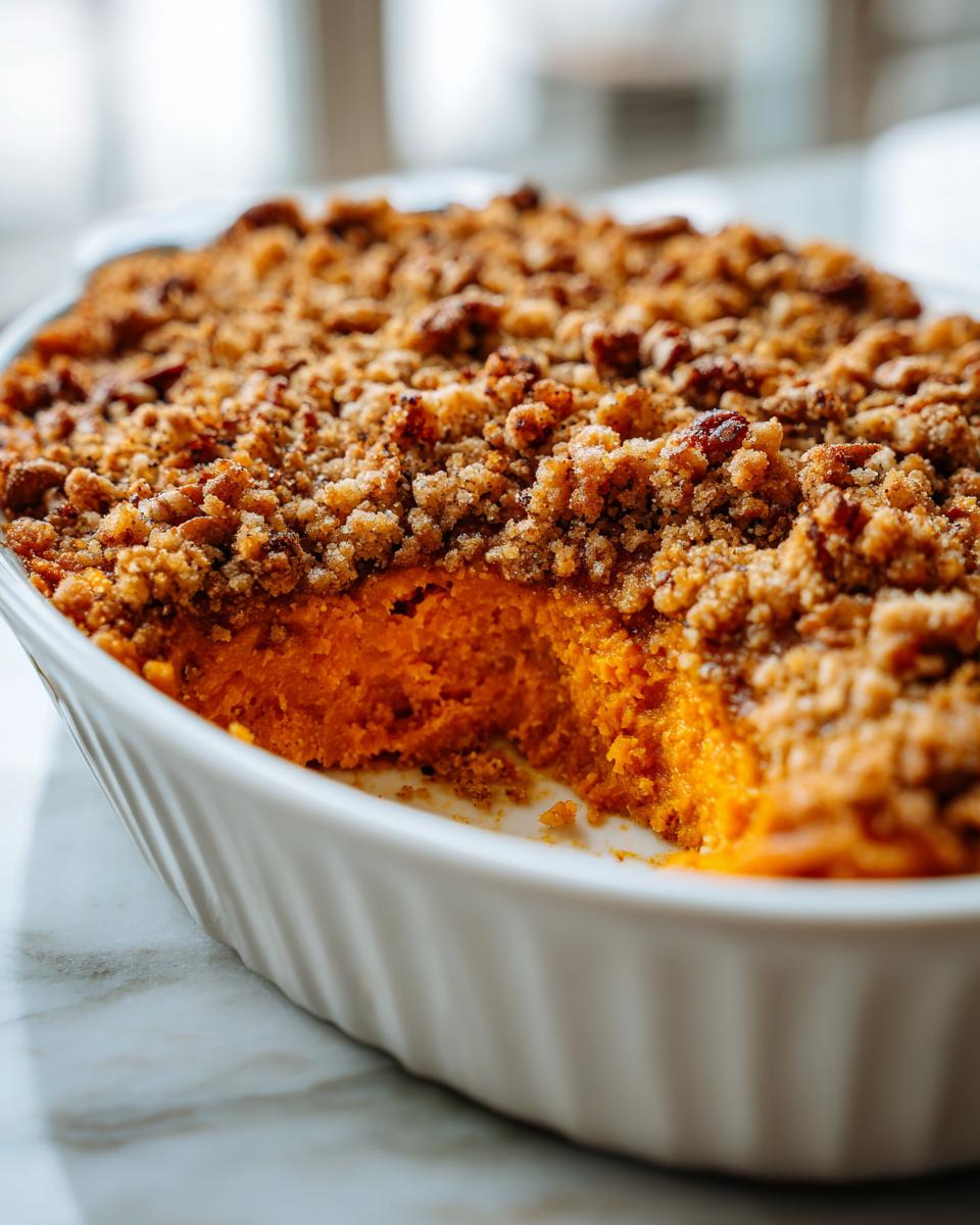 Close-up of a baked sweet potato souffle with a thick, crunchy pecan crumble topping, a serving has been scooped out.