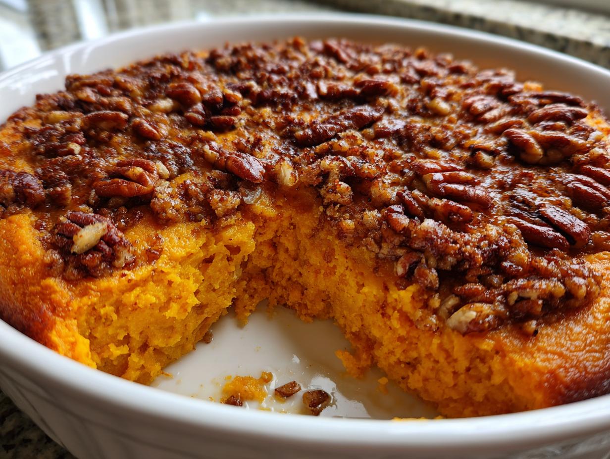 Close-up of a vibrant orange sweet potato souffle in a white dish with a crunchy, caramelized pecan topping.