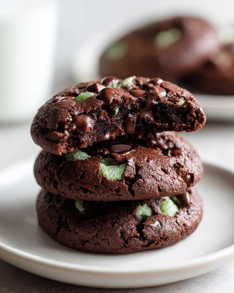 A stack of three fudgy chocolate Andes Mint cookies, with the top cookie broken open to show the gooey center and green mint pieces.