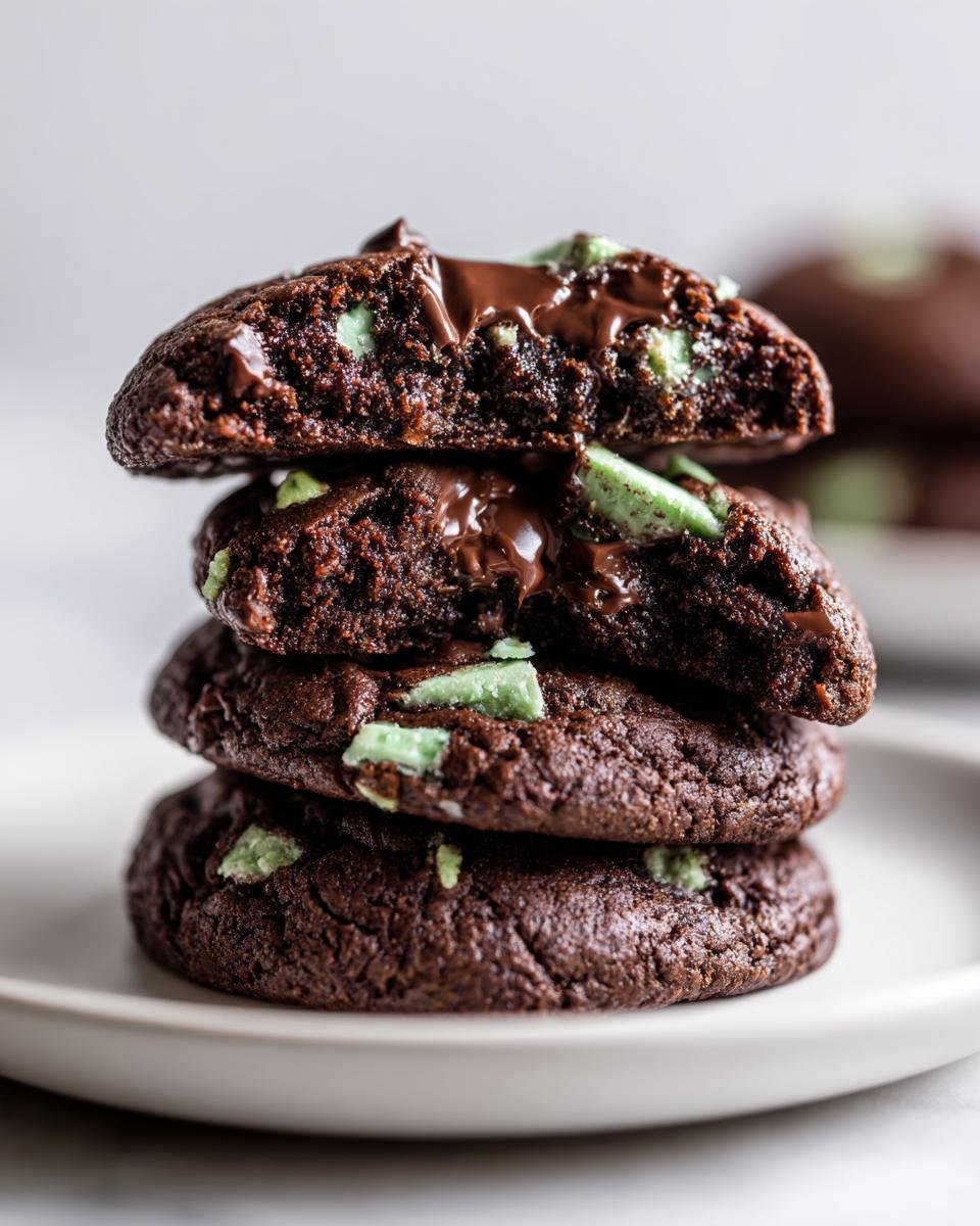 A stack of four rich, fudgy Andes Mint cookies, with the top one broken open showing gooey melted chocolate and bright green mint pieces.