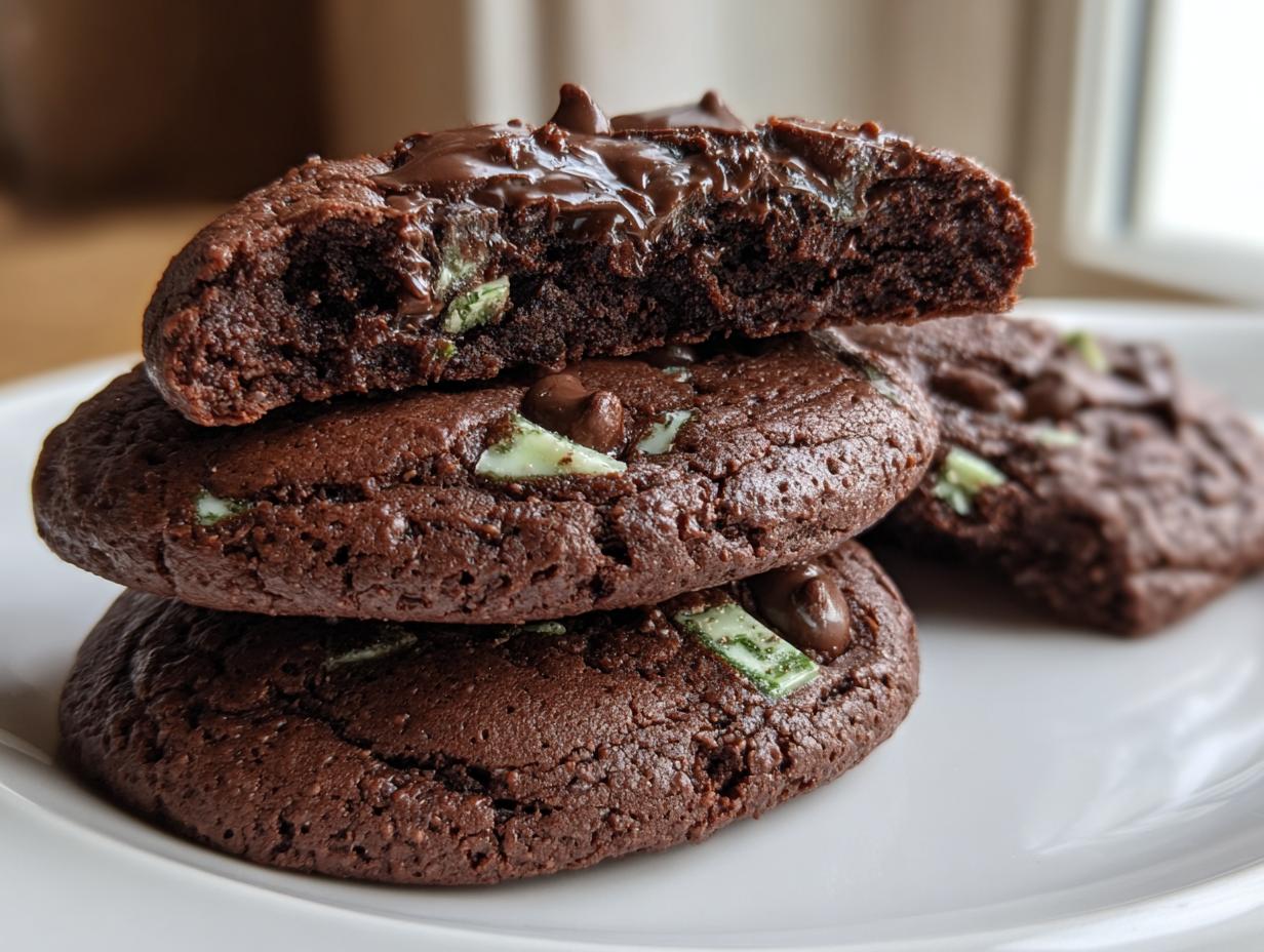 A stack of rich, fudgy Andes Mint Cookies, with the top cookie broken to show the gooey interior and mint chips.