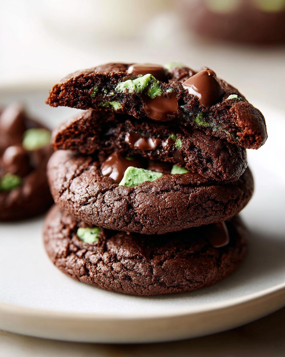 Close-up of a stack of three rich, dark chocolate Andes Mint cookies, with the top one broken to show the gooey center and green mint pieces.