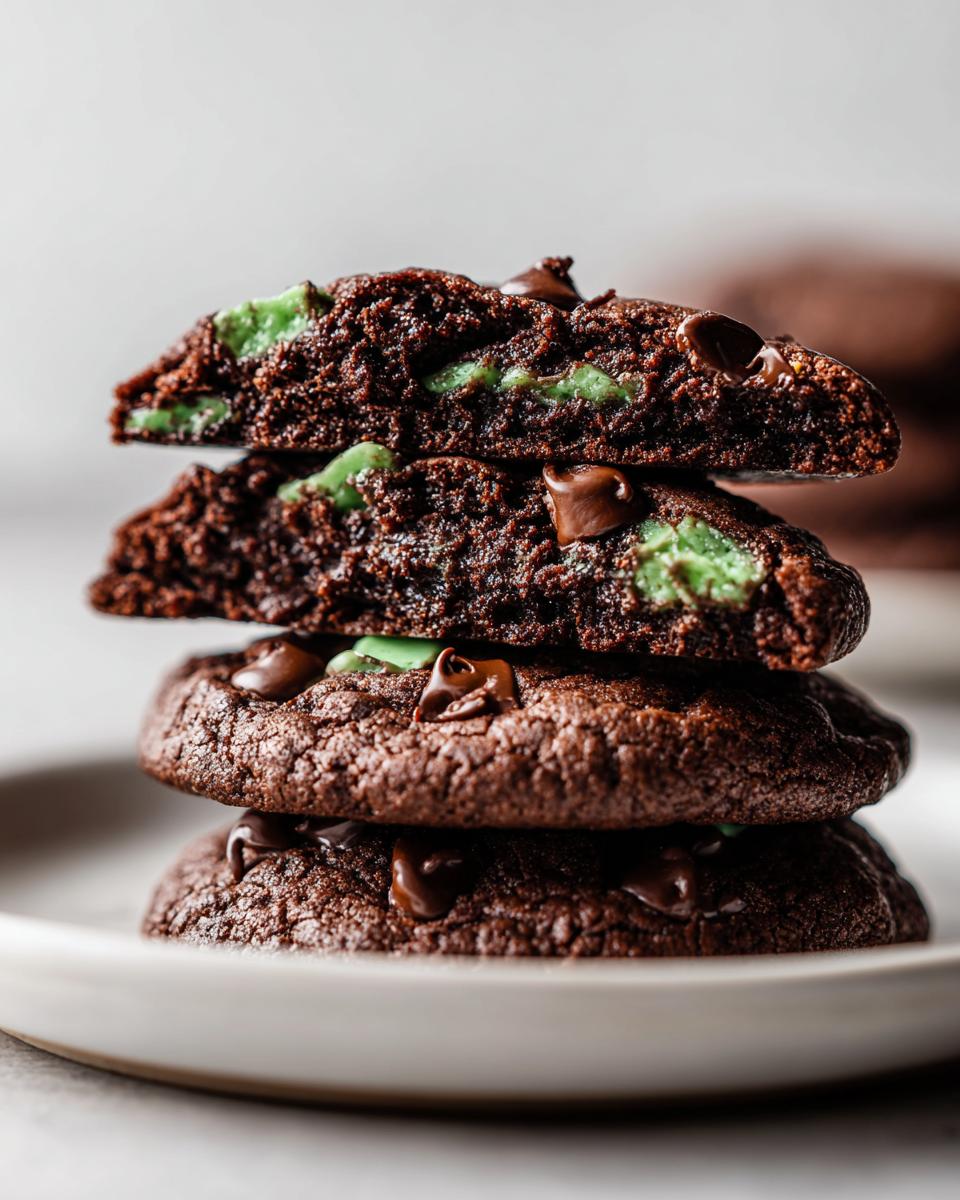 Close-up stack of four rich chocolate Andes Mint cookies, two of which are broken to show the bright green mint filling.
