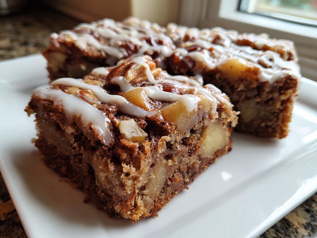 Two slices of moist apple brownies topped with a white glaze drizzle and chopped pecans, served on a white plate.
