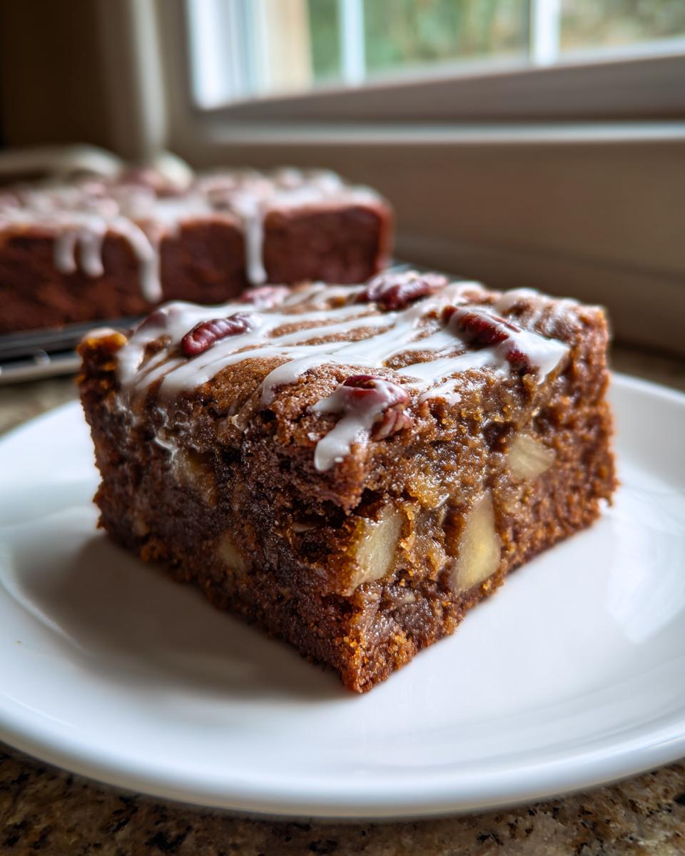 A square slice of moist apple brownies topped with white glaze and pecans, sitting on a white plate.
