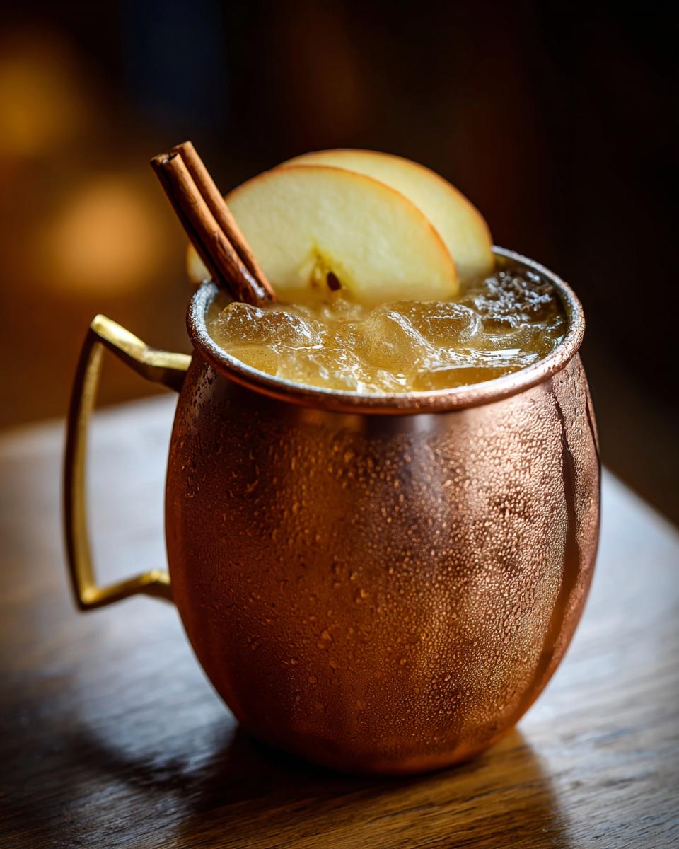 A refreshing apple cider moscow mule served over ice in a frosty copper mug, garnished with apple slices and a cinnamon stick.