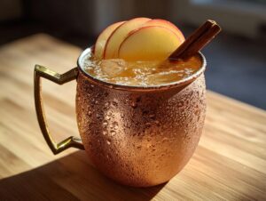 Close-up of a frosty apple cider moscow mule garnished with apple slices and a cinnamon stick in a copper mug.