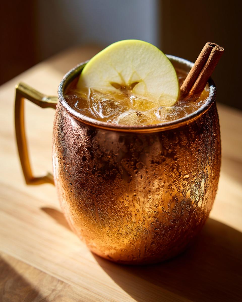 A frosty copper mug filled with an apple cider moscow mule, garnished with an apple slice and cinnamon stick.