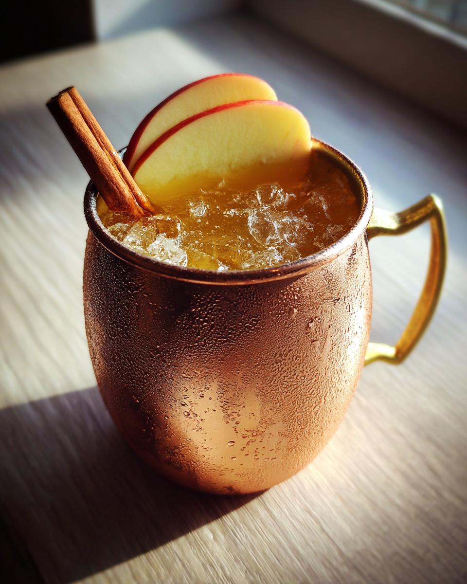 Close-up of a frosty copper mug filled with an apple cider Moscow mule, garnished with apple slices and a cinnamon stick.