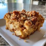 Close-up of a square slice of apple cinnamon baked oatmeal with a thick, crunchy streusel topping.