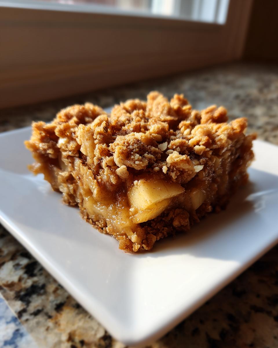 A square piece of apple cinnamon baked oatmeal with a thick, crunchy crumble topping, served on a white plate.