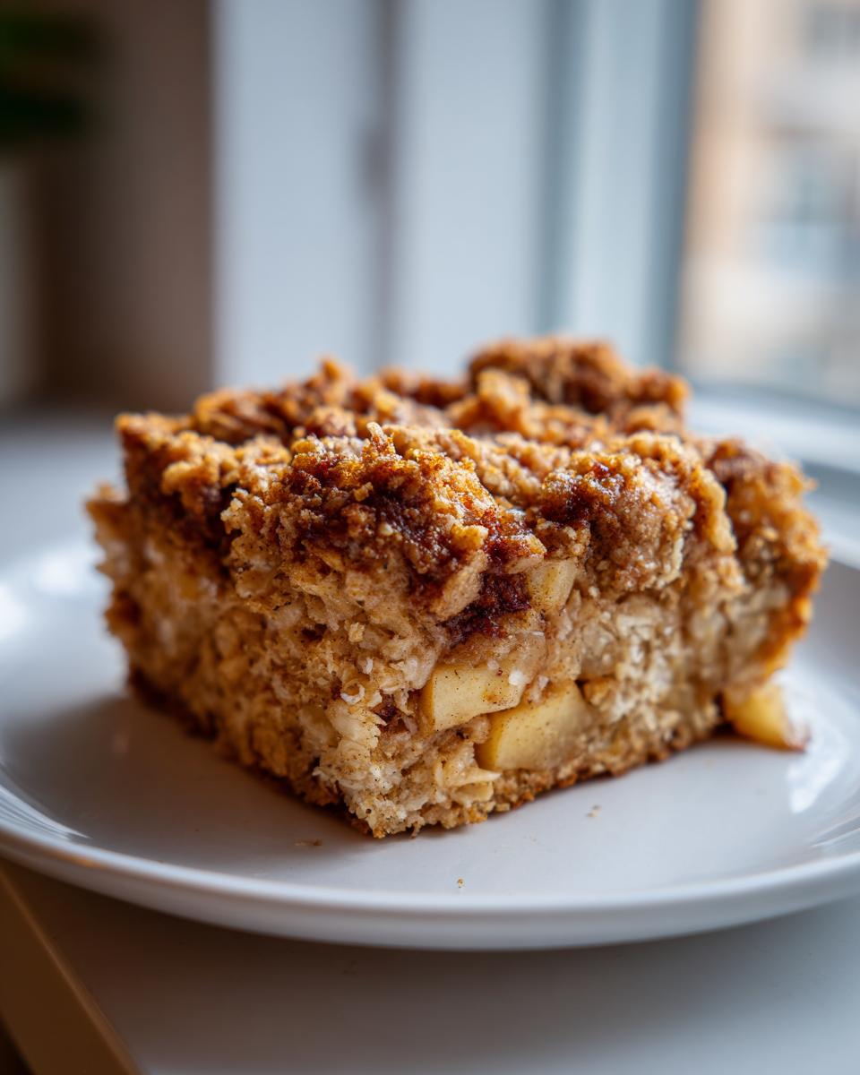 A square slice of apple cinnamon baked oatmeal topped with a brown sugar crumble, served on a white plate.