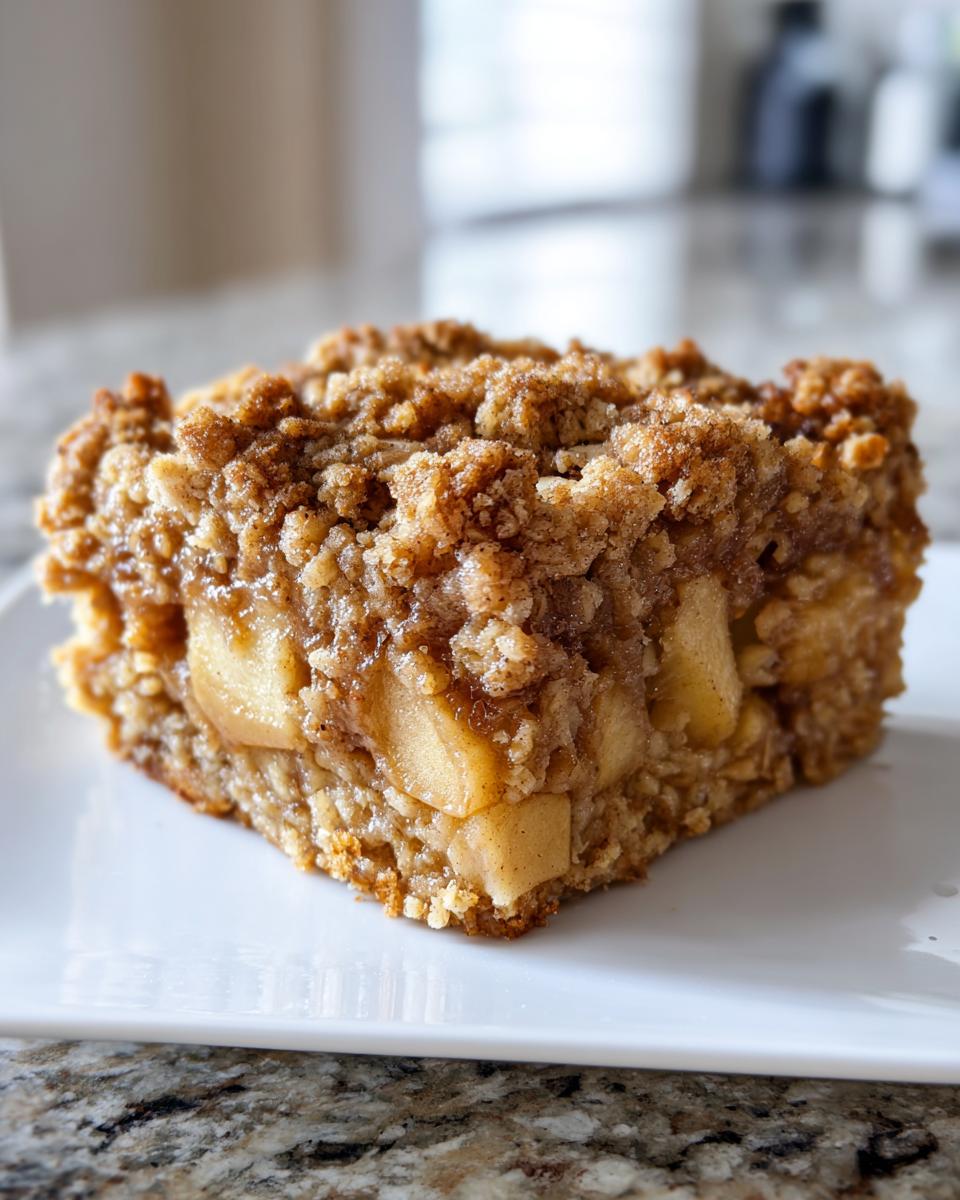 Close-up of a square slice of apple cinnamon baked oatmeal topped with a thick, crunchy crumble topping.