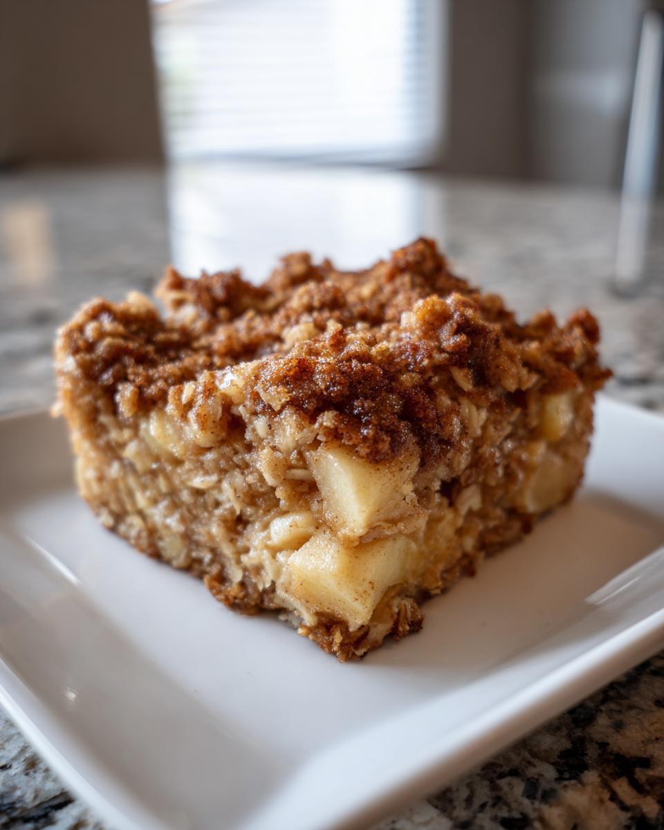 Close-up of a square slice of apple cinnamon baked oatmeal topped with a brown sugar crumb topping.