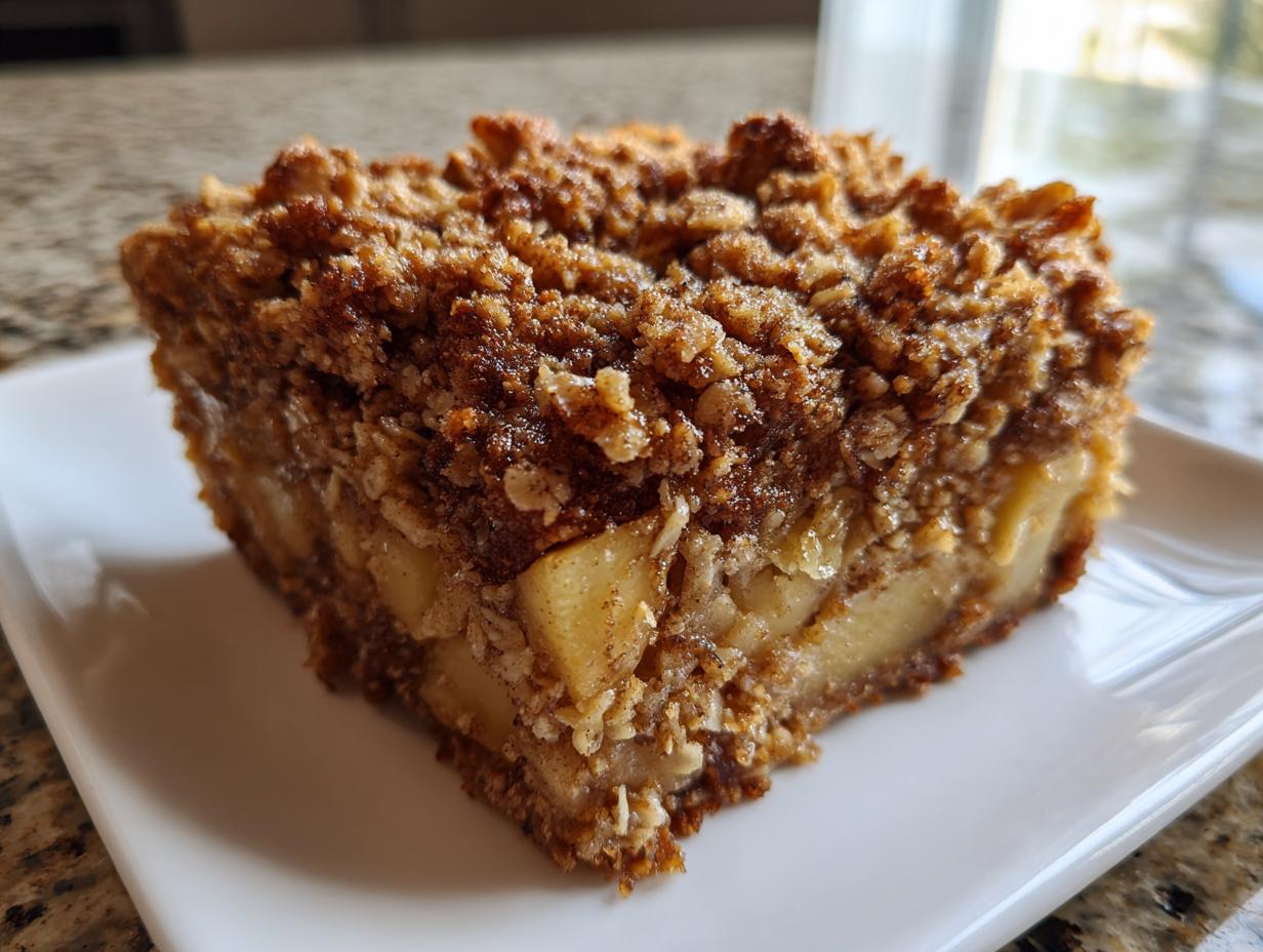 Close-up of a square slice of apple cinnamon baked oatmeal with a crumbly topping.