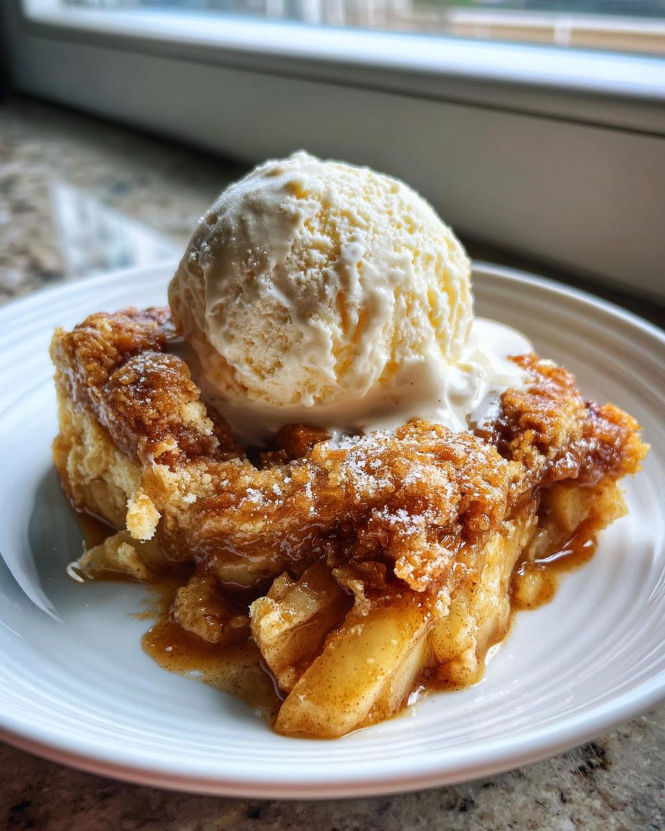 A warm slice of apple cobbler recipe topped with melting vanilla ice cream on a white plate.