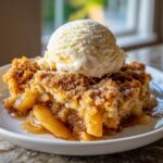 A warm slice of apple cobbler recipe topped with a melting scoop of vanilla ice cream on a white plate.