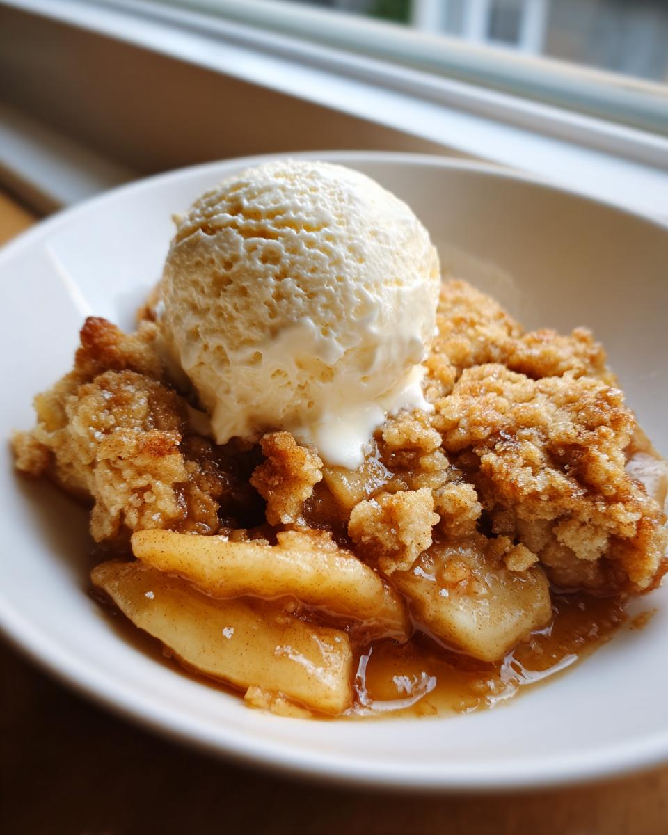 A warm serving of apple cobbler recipe topped with a melting scoop of vanilla ice cream in a white bowl.