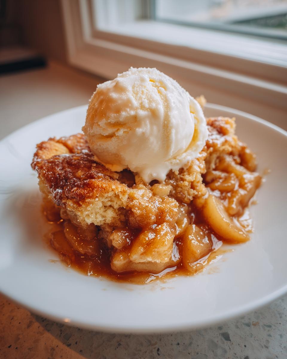 A warm slice of apple cobbler recipe topped with a melting scoop of vanilla ice cream on a white plate.