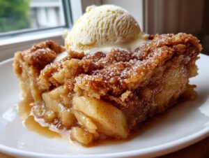 A close-up of a warm slice of apple cobbler recipe topped with melting vanilla ice cream.