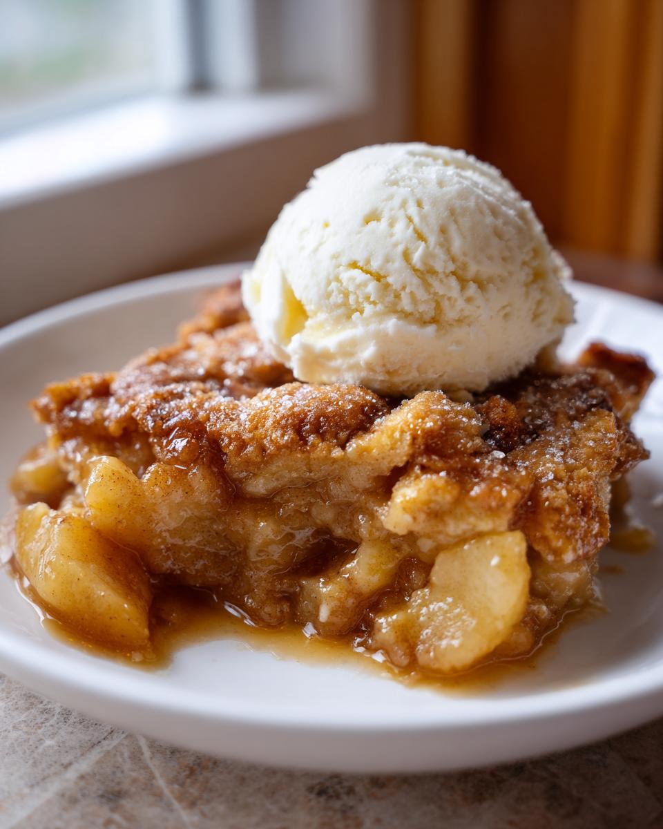 A warm slice of apple cobbler recipe topped with a scoop of melting vanilla ice cream.