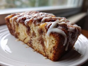 A close-up slice of moist apple fritter bread featuring a cinnamon swirl and drizzled with white vanilla icing.