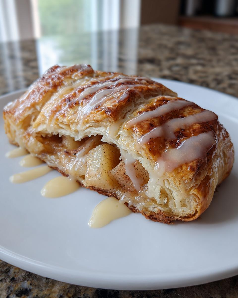 Close-up of a flaky, golden brown slice of apple strudel drizzled with vanilla glaze.