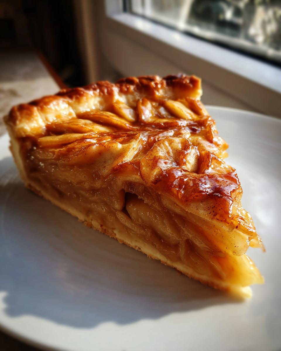 Close-up of a glistening slice of apple tart featuring layered, glazed apples and a decorative crust.