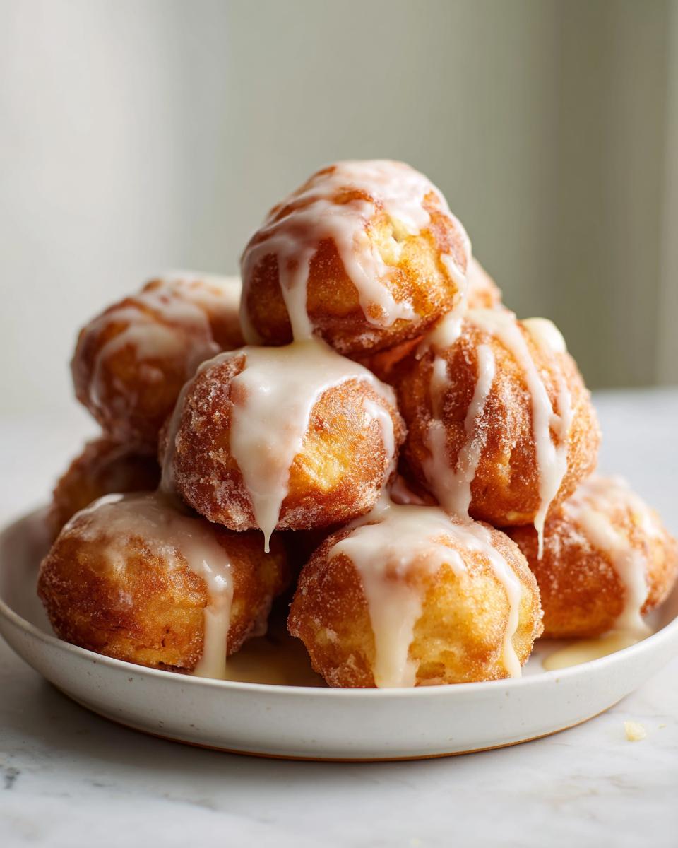 A tall stack of golden brown baked apple fritters drizzled generously with white vanilla glaze.