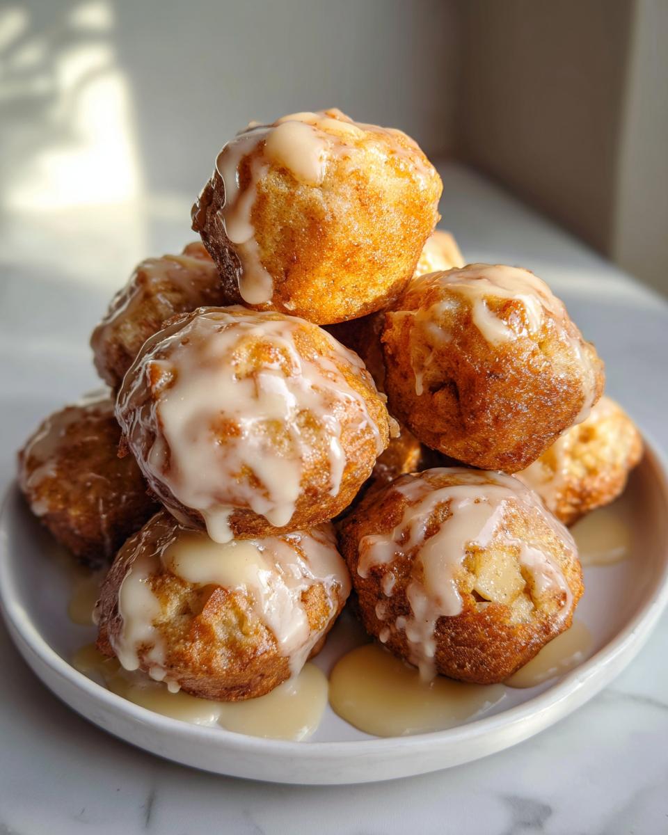A stack of golden brown baked apple fritters drizzled generously with a thick vanilla glaze.