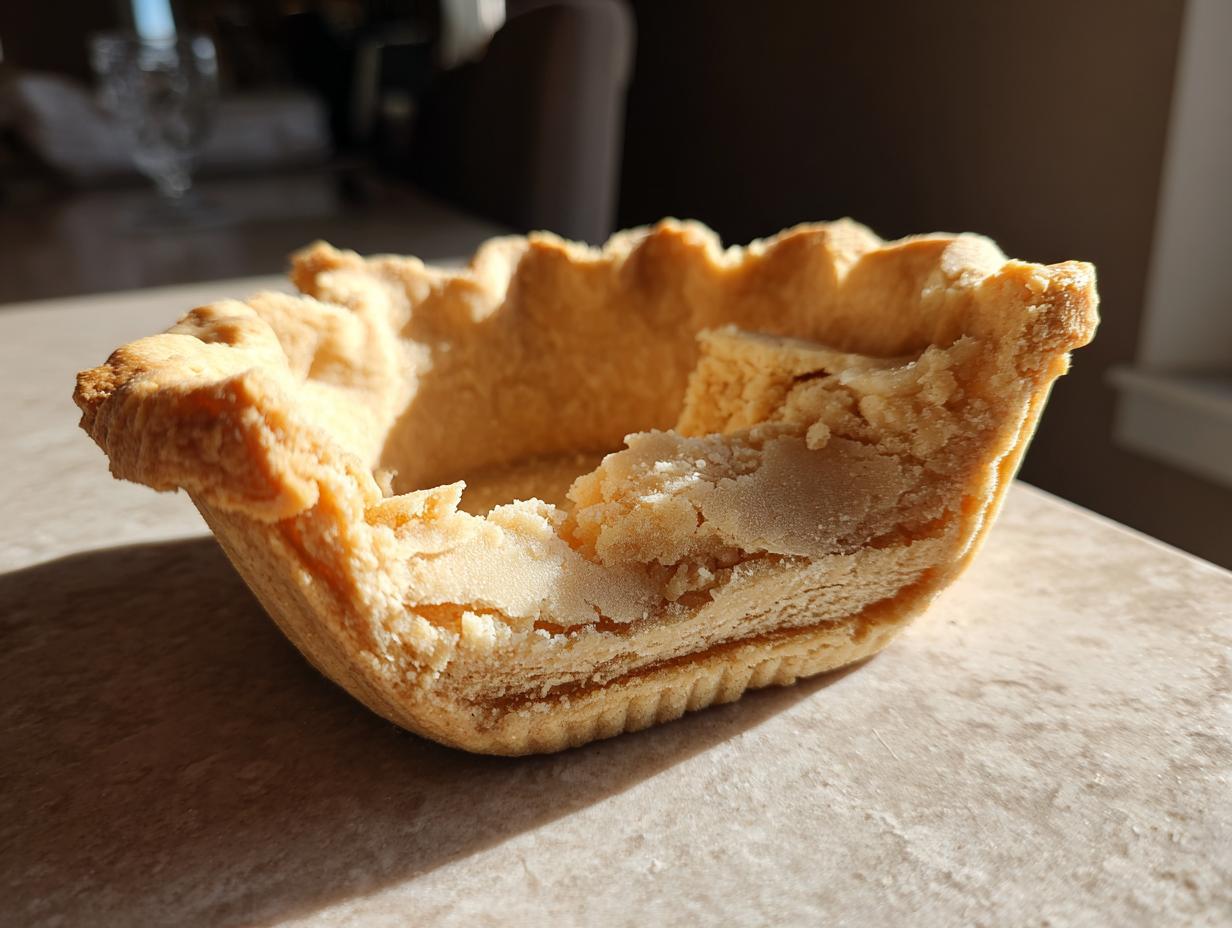 A close-up, cross-section view of a perfectly baked, flaky butter pie crust shell sitting on a countertop.