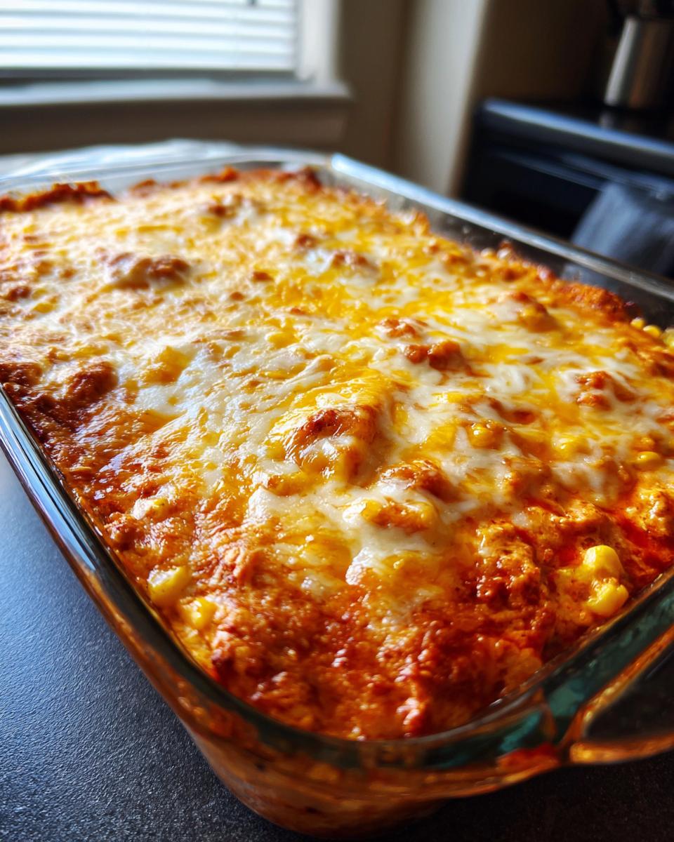 Close-up of a bubbly, baked chicken enchilada dip topped with melted cheddar and Monterey Jack cheese.